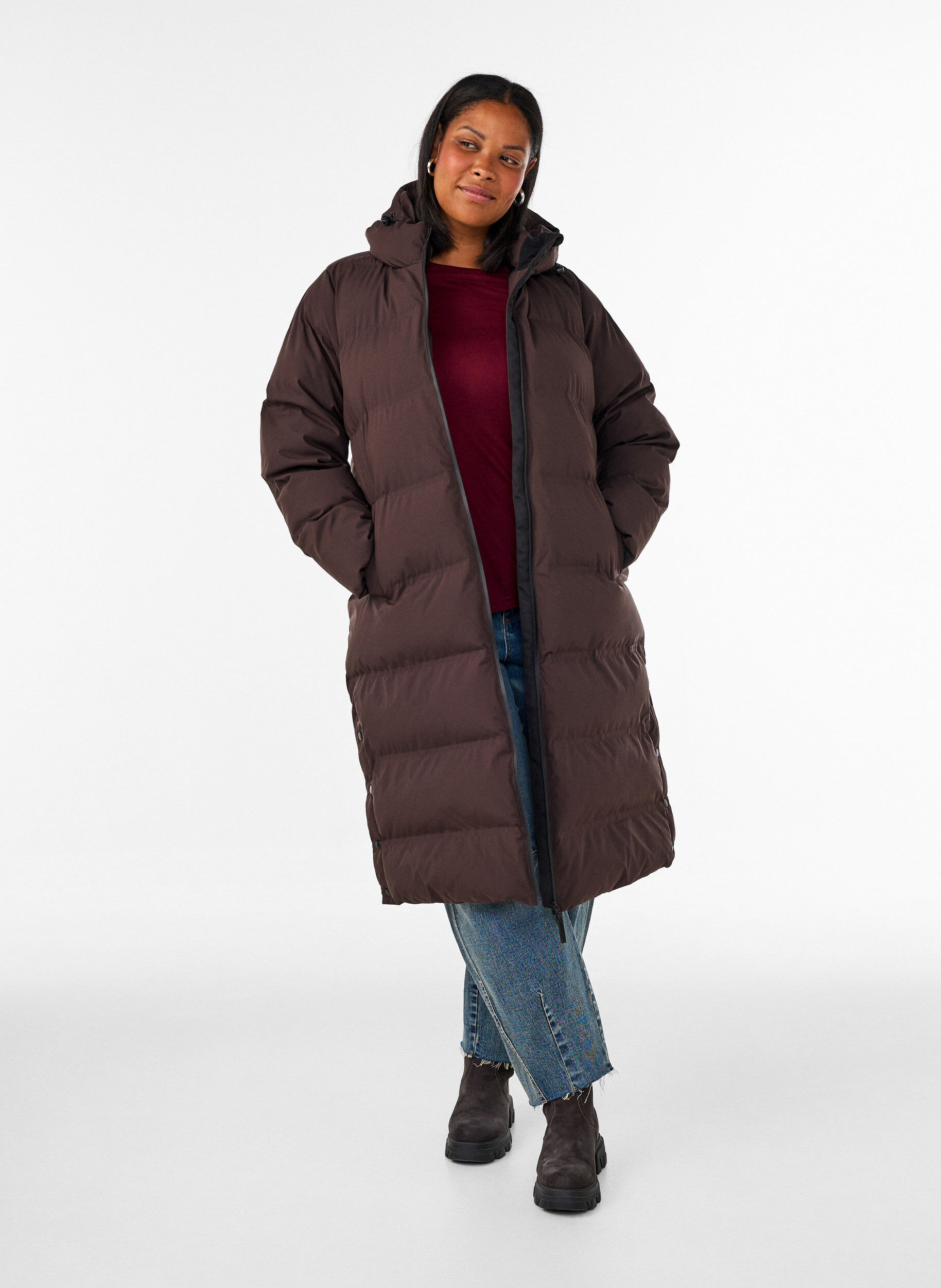 ZizzifashionLong puffer winter coat with hood, Brown, Model image number 1