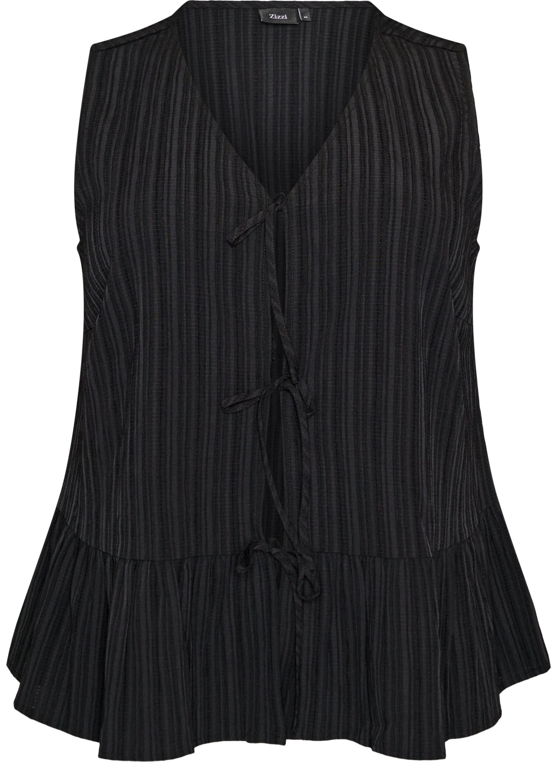 Zizzifashion Sleeveless blouse with texture and a tie fastening, Black, Packshot image number 0