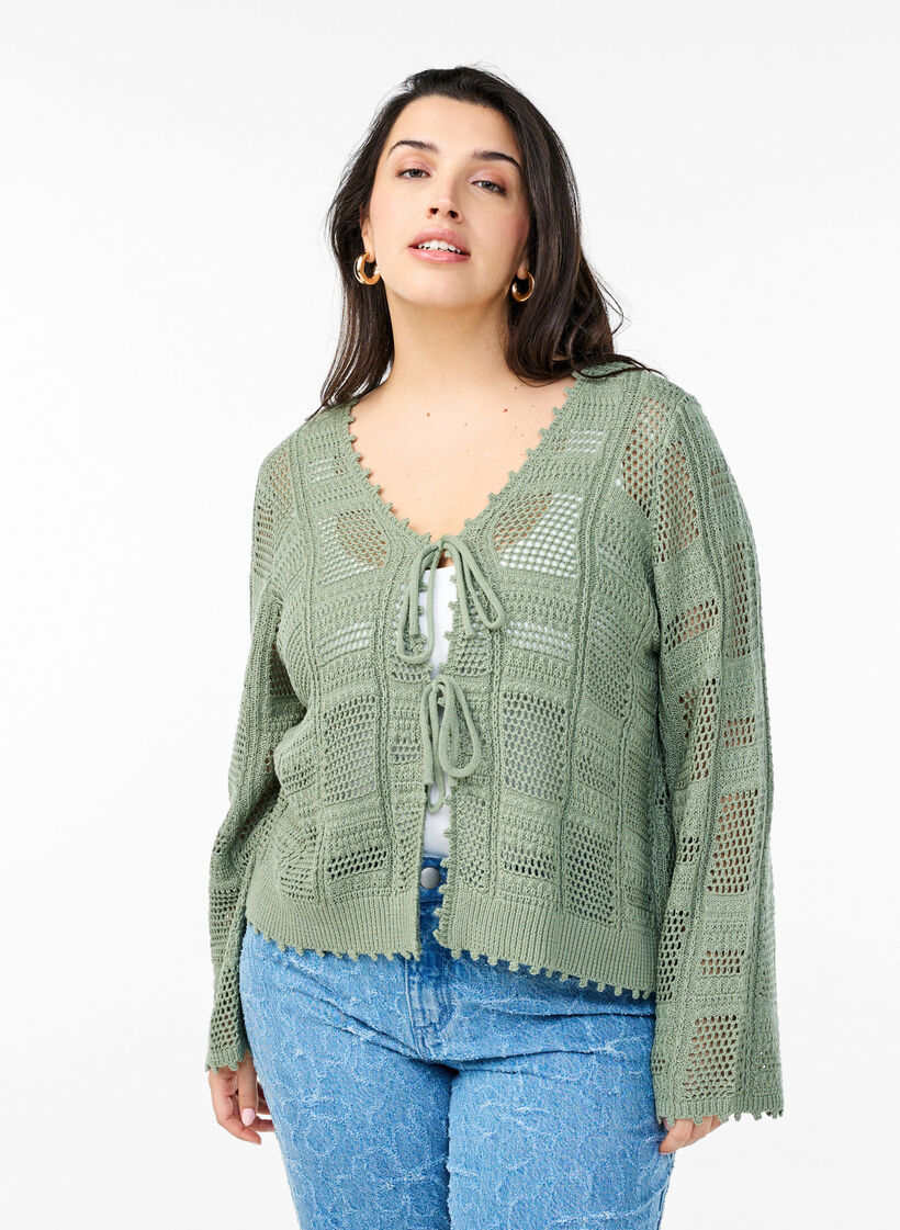 Knitted cardigan with ties and an openwork pattern, Green, Model image number 0