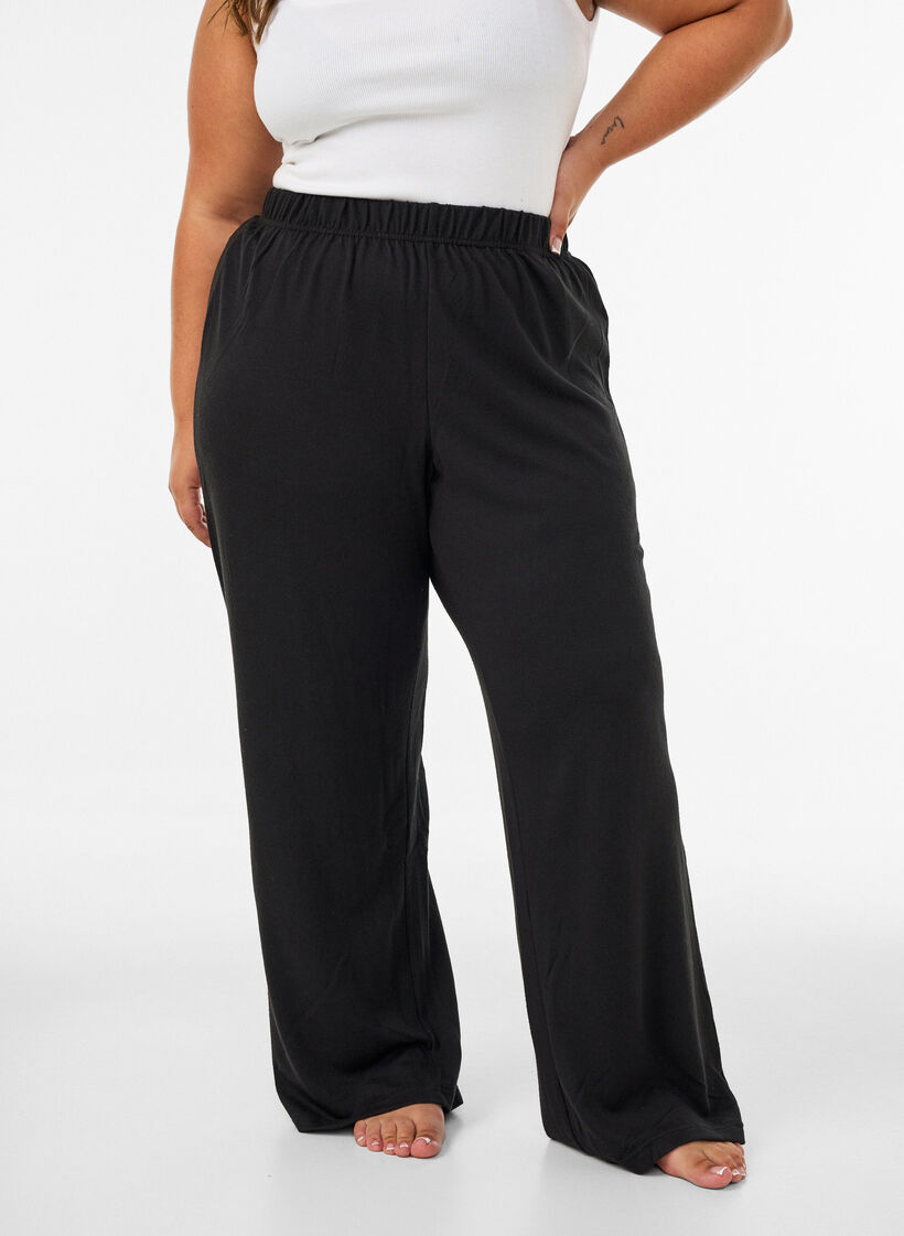 High-waisted wide-leg jersey trousers, Black, Model image number 3