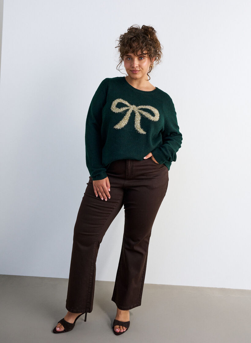 Knitted blouse with glitter bow, Green, Model image number 1