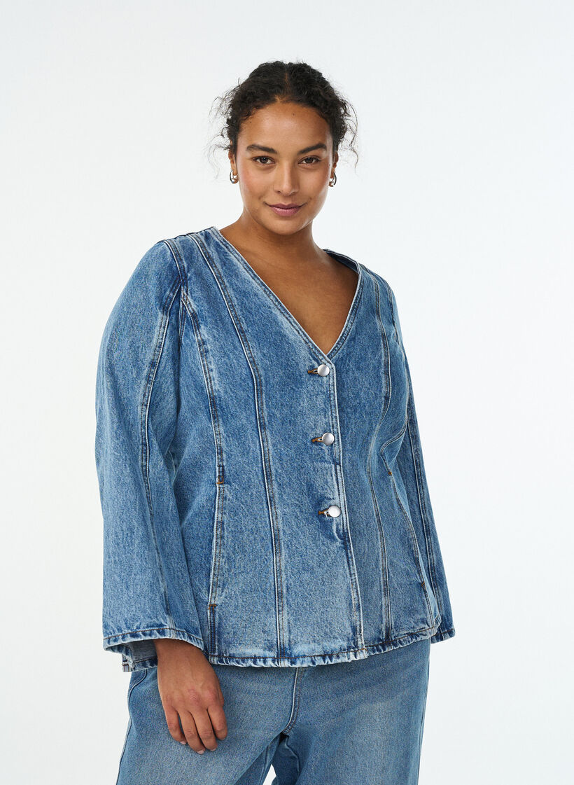 Denim jacket with shaping seams and a V-neck, Blue, Model image number 0
