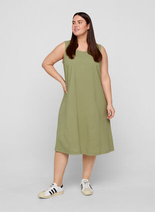 Sleeveless cotton dress with A-line cut, Aloe, Model image number 0