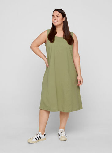 Sleeveless cotton dress with A-line cut, Aloe, Model image number 0