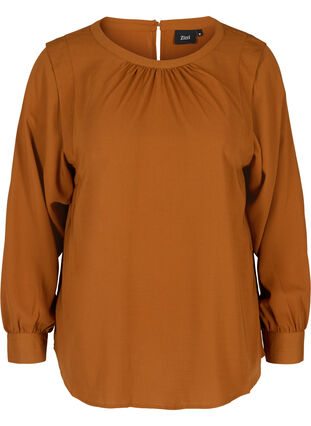 Long-sleeved blouse with a round neck, Argan Oil, Packshot image number 0
