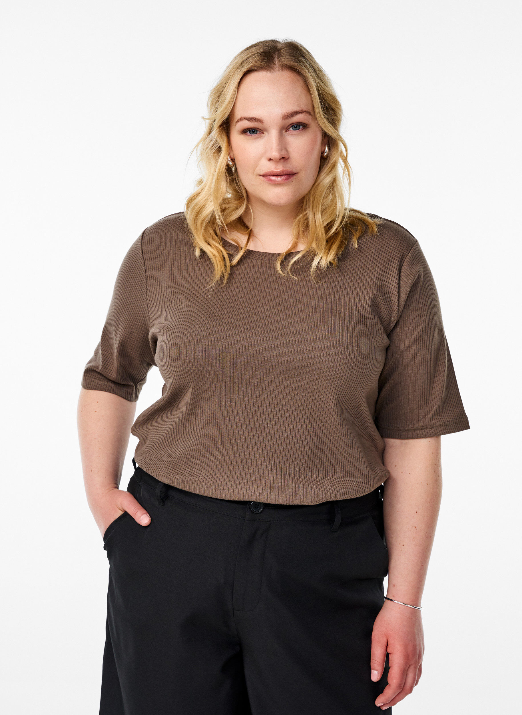 ZizzifashionRibbed jersey blouse with short sleeves, Brown, Model image number 0