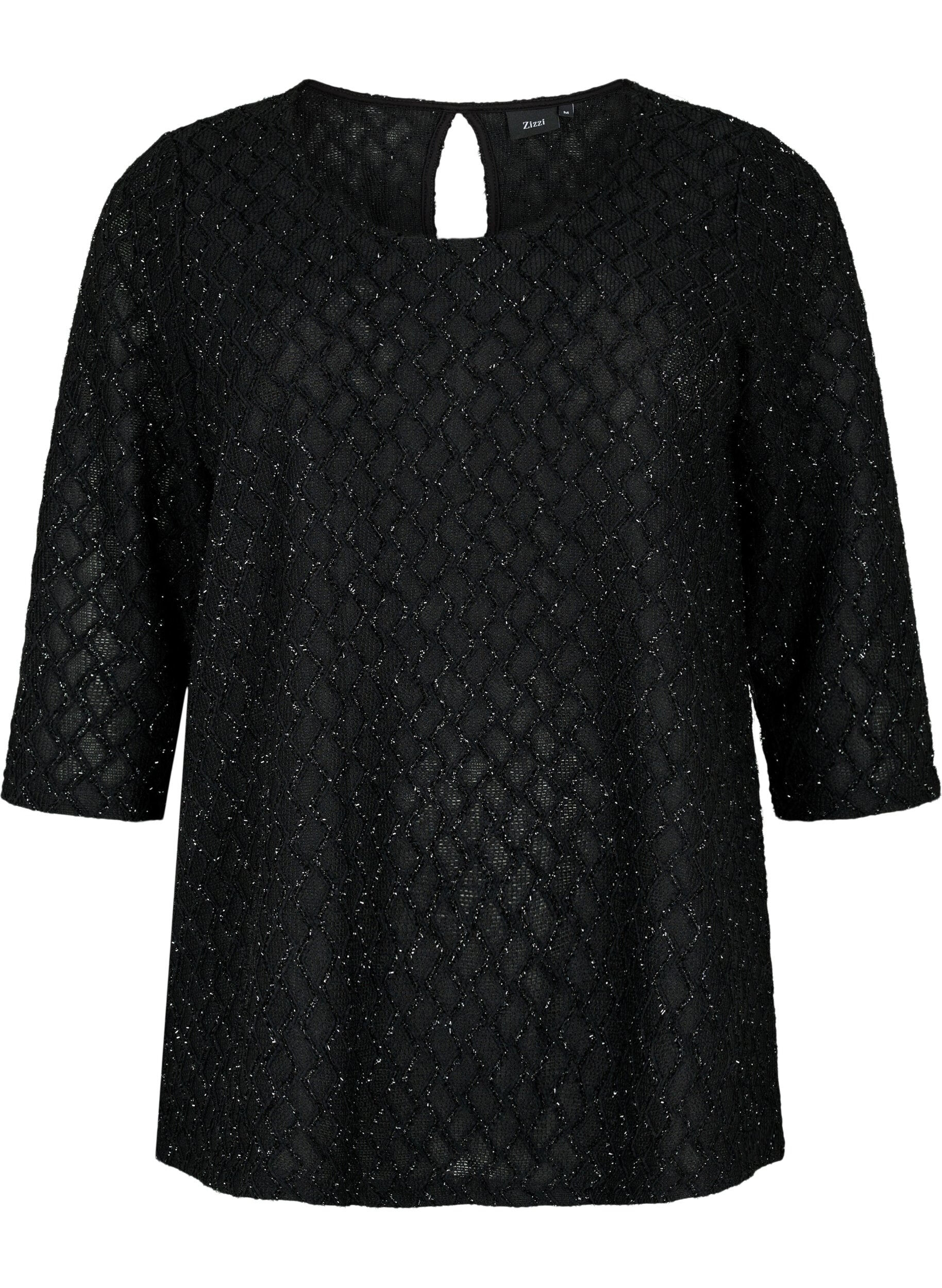Zizzifashion Patterned blouse with 3/4 sleeves and glitter, Black, Packshot image number 0