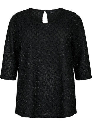 Patterned blouse with 3/4 sleeves and glitter, Black, Packshot image number 0