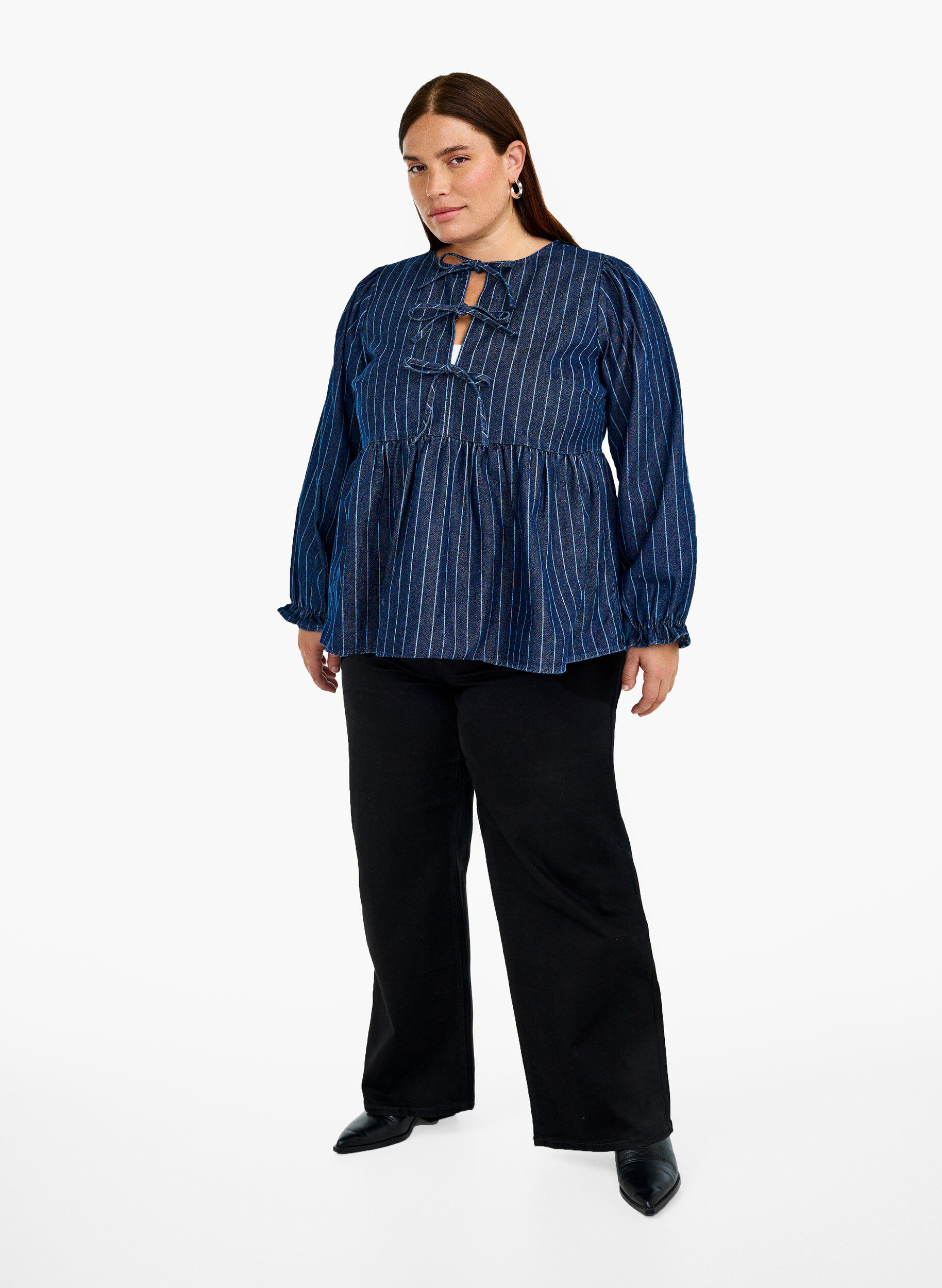 Zizzifashion Striped denim blouse with front tie, Blue, Model image number 1