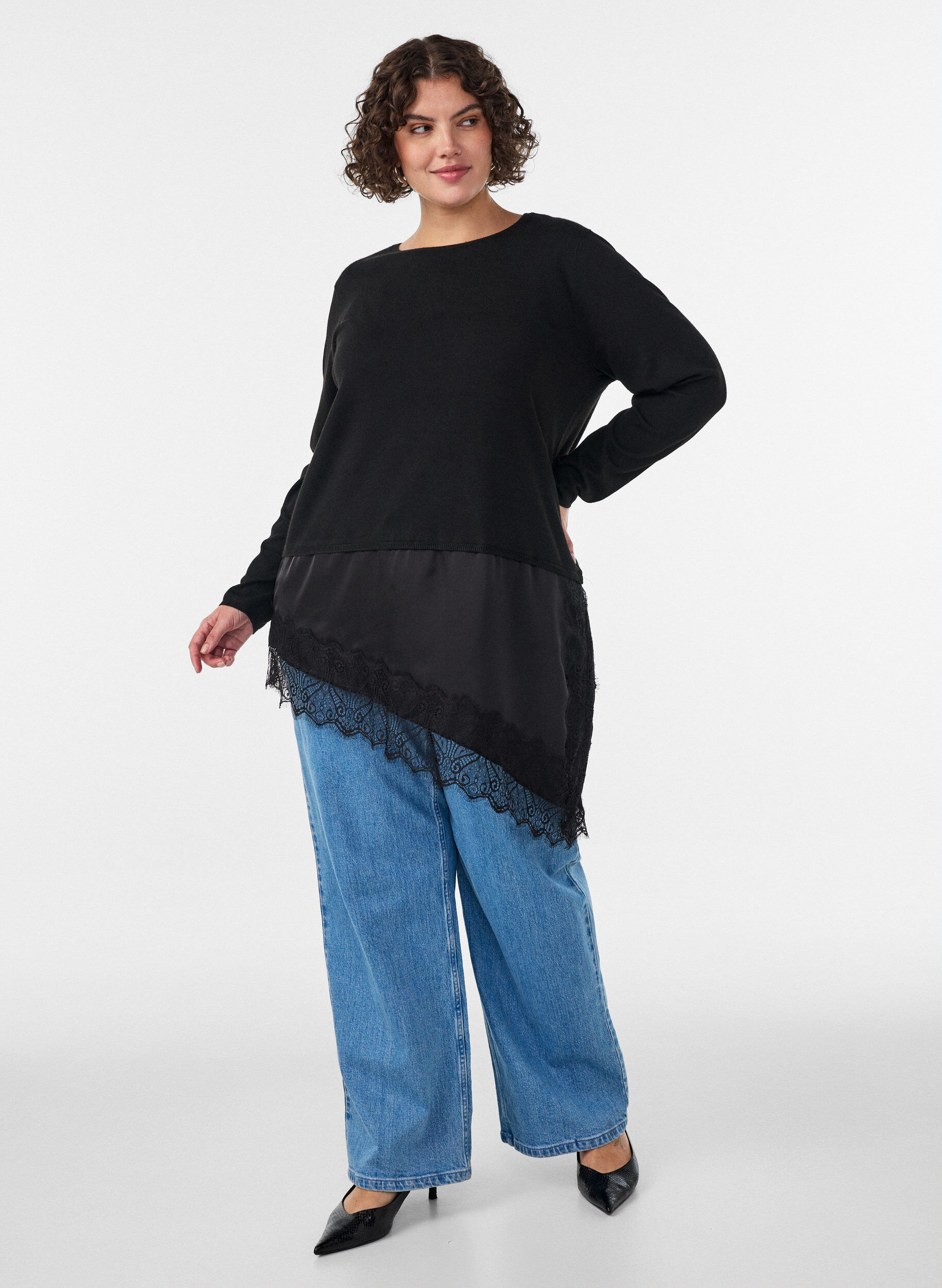 ZizzifashionKnitted blouse with layered effect and lace trim, Black, Model image number 1