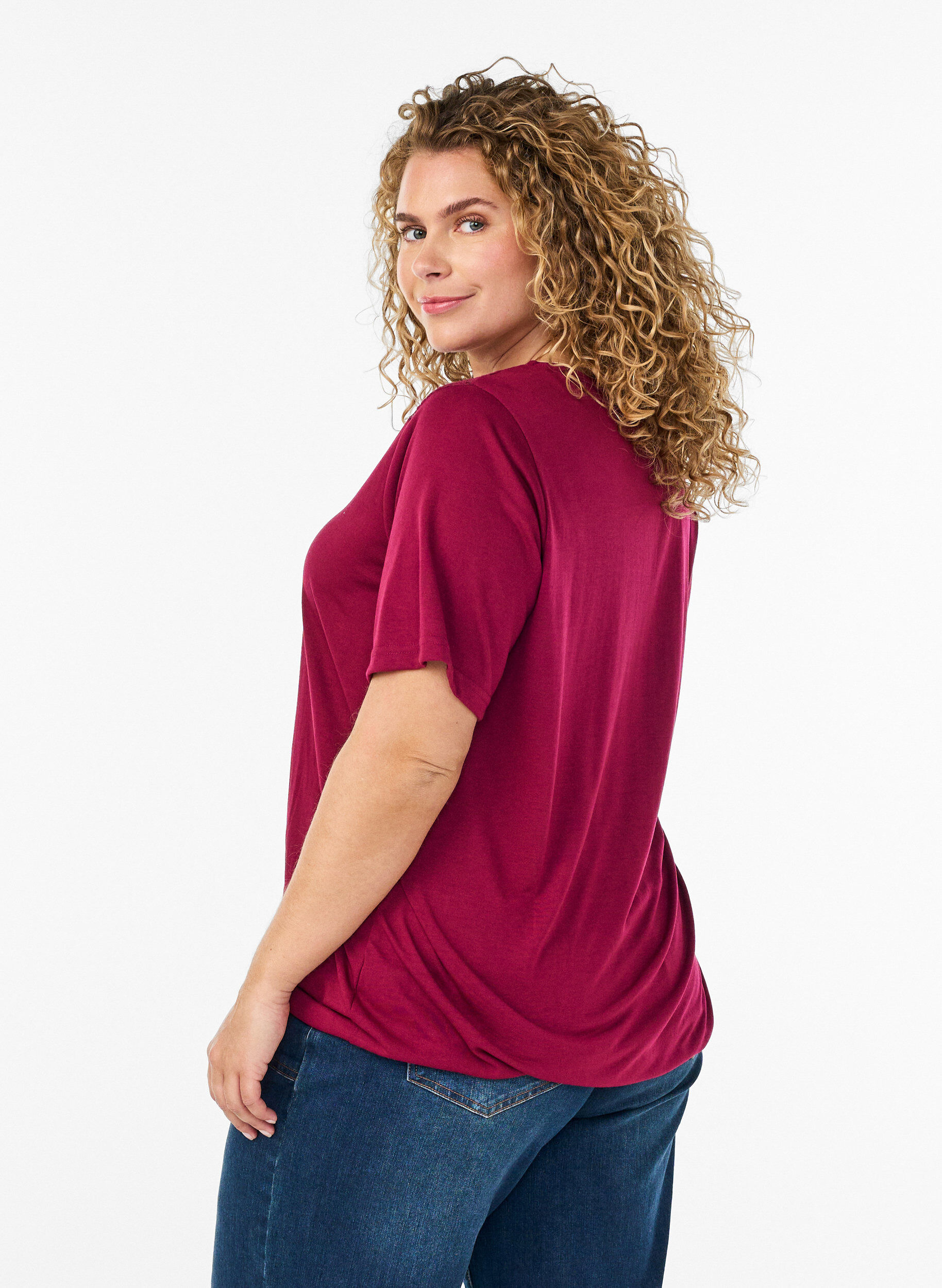 Zizzifashion Blouse with lace insert and balloon sleeves, Red, Model image number 2