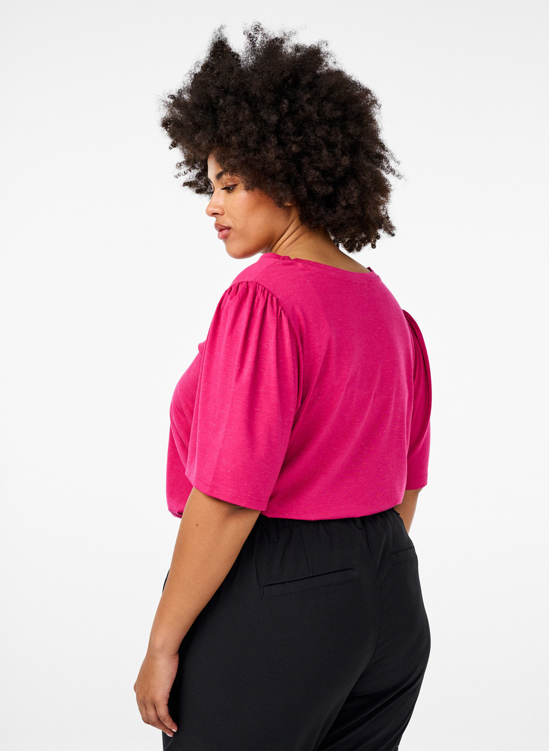 Zizzifashion T-shirt with glitter and short puff sleeves, Pink, Model image number 2