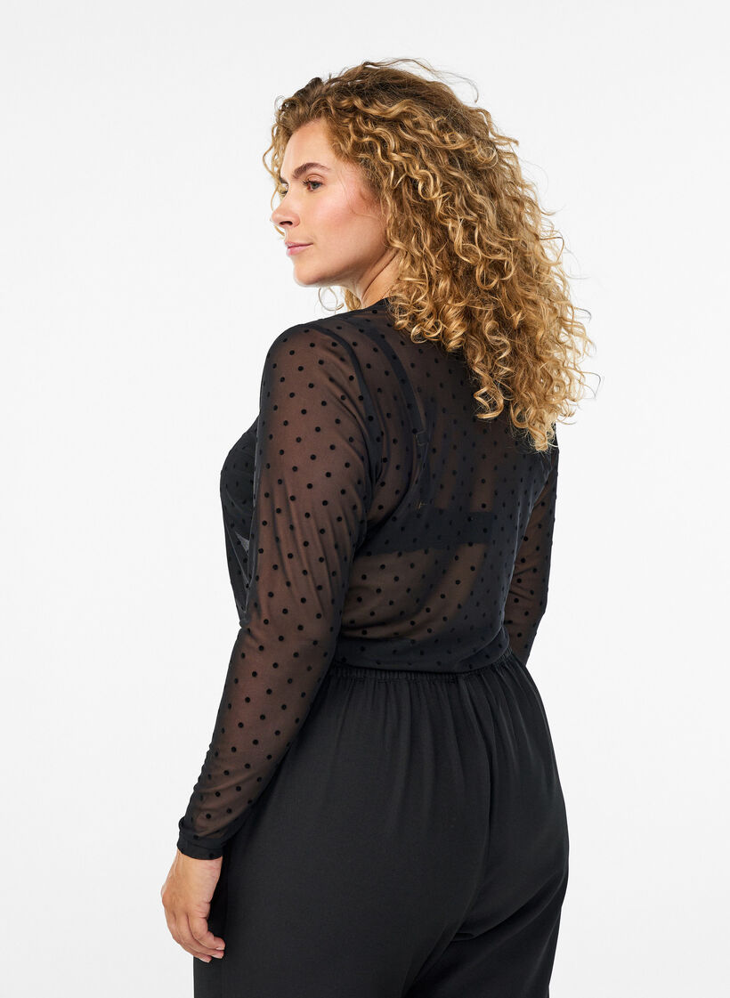 Mesh blouse with dots, Black, Model image number 2