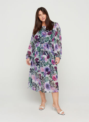 Floral midi dress with long sleeves, Purple Flower mix, Model image number 0