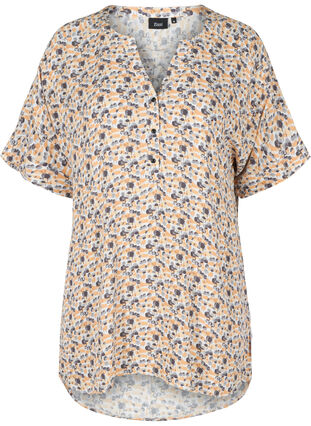 Short-sleeved viscose tunic with print, Yellow Berry, Packshot image number 0