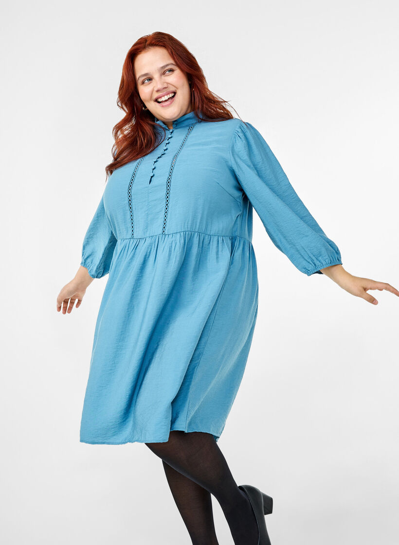 Knee-length dress with embroidery and 3/4 sleeves, Blue Heaven, Image image number 0