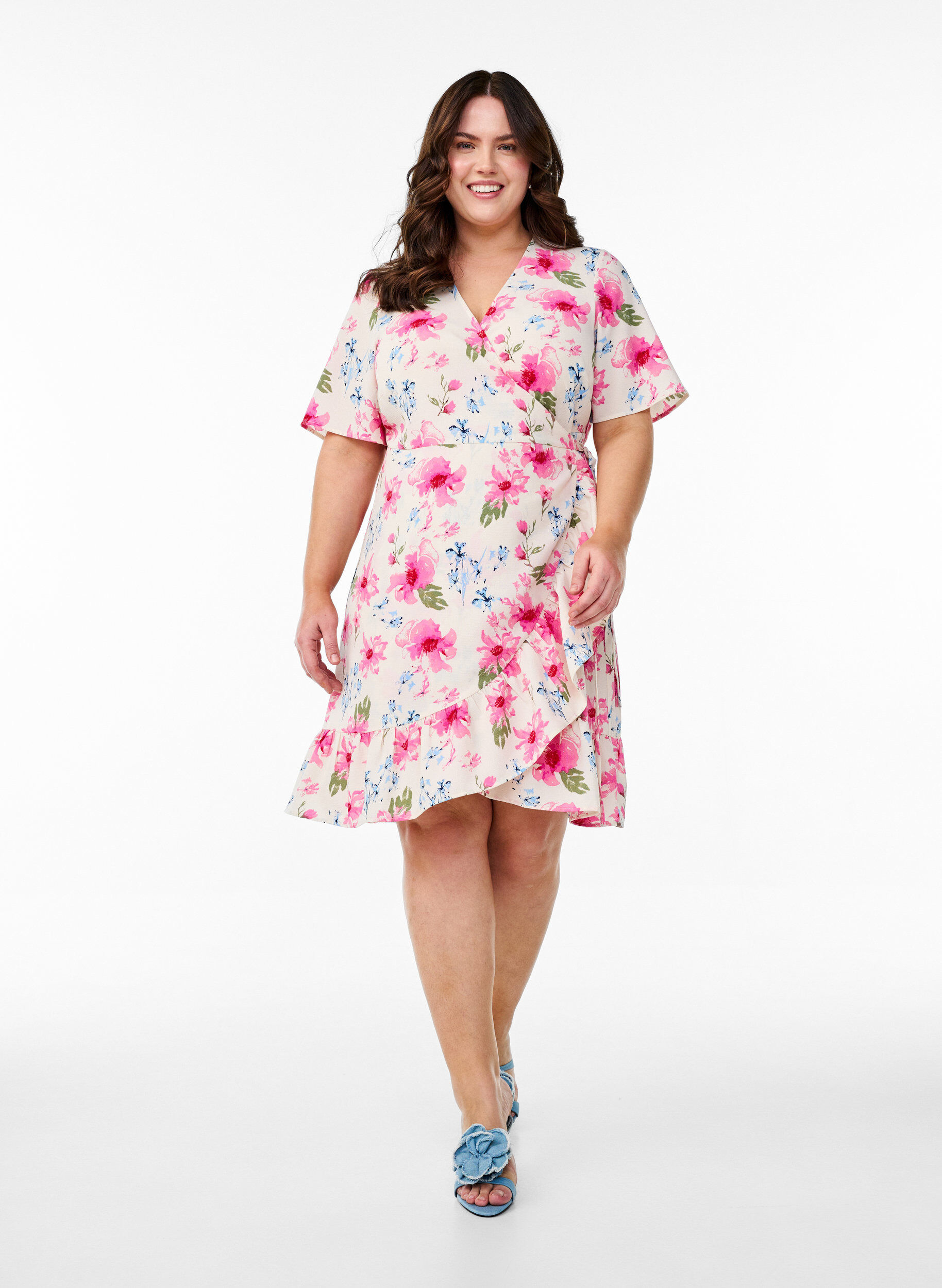 Zizzifashion Floral wrap dress with short sleeves, White, Model image number 1