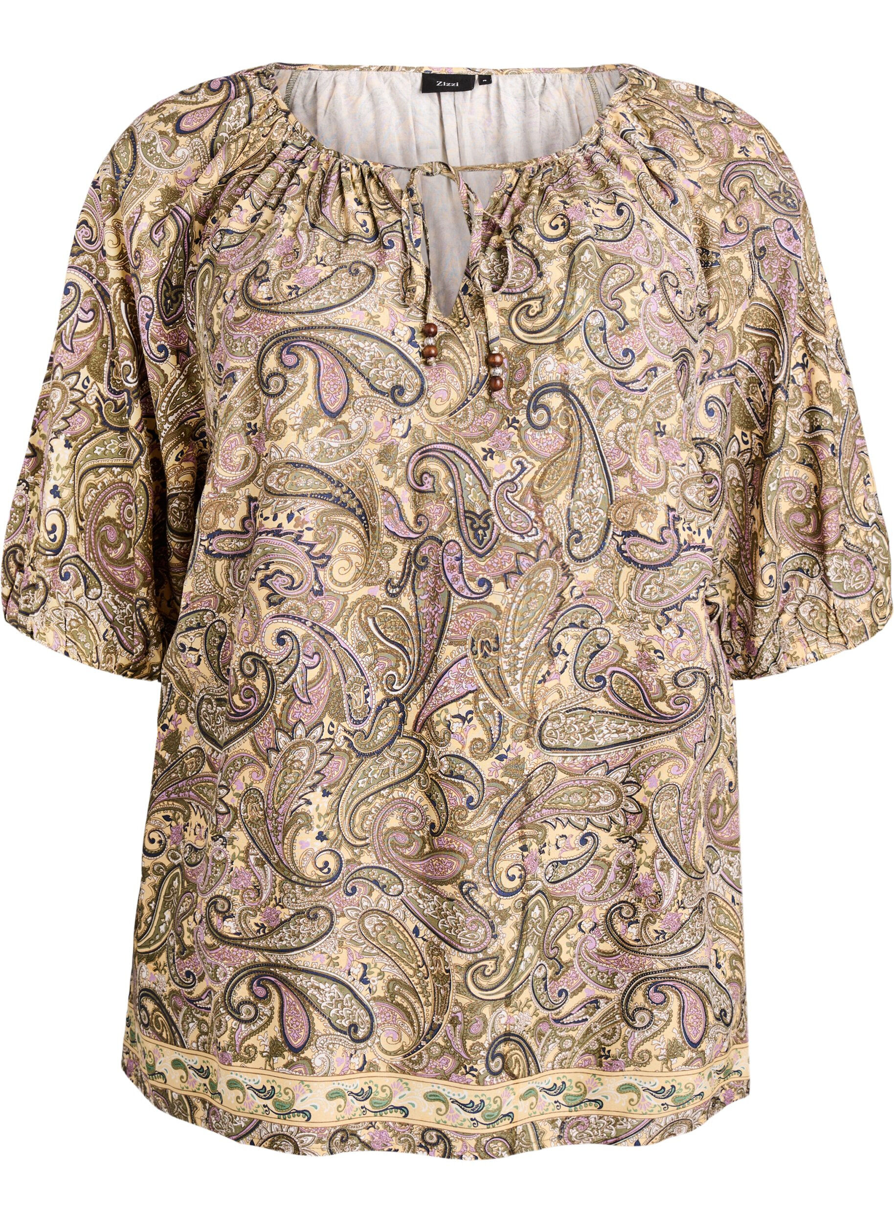 Zizzifashion Viscose blouse with paisley print and tie-string, Yellow, Packshot image number 0