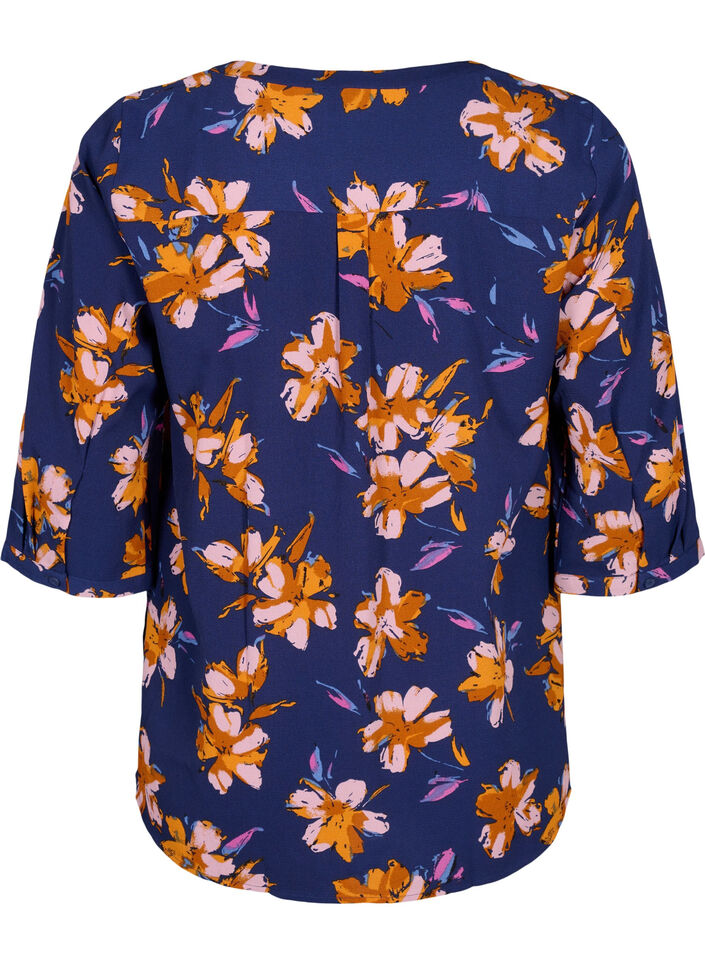 Floral blouse with 3/4 sleeves, Peacoat Flower AOP, Packshot image number 1