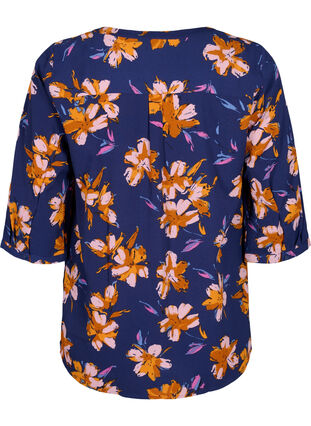 Floral blouse with 3/4 sleeves, Peacoat Flower AOP, Packshot image number 1