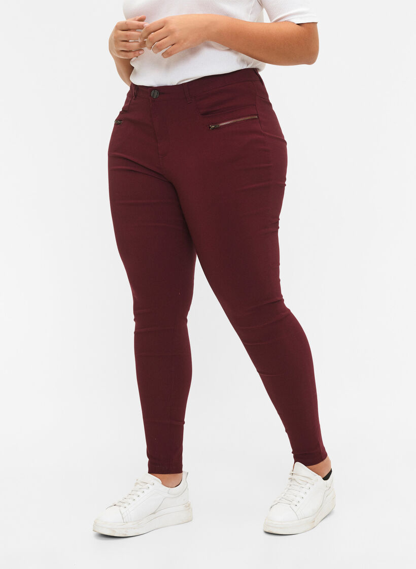 Close-fitting trousers with zipper details, Red, Model image number 2