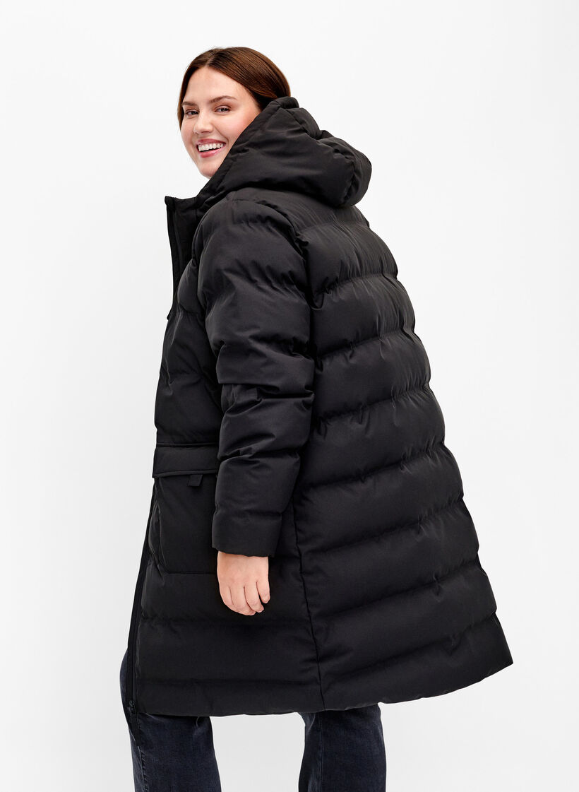 Puffer coat with hood and pockets, Black, Model image number 2