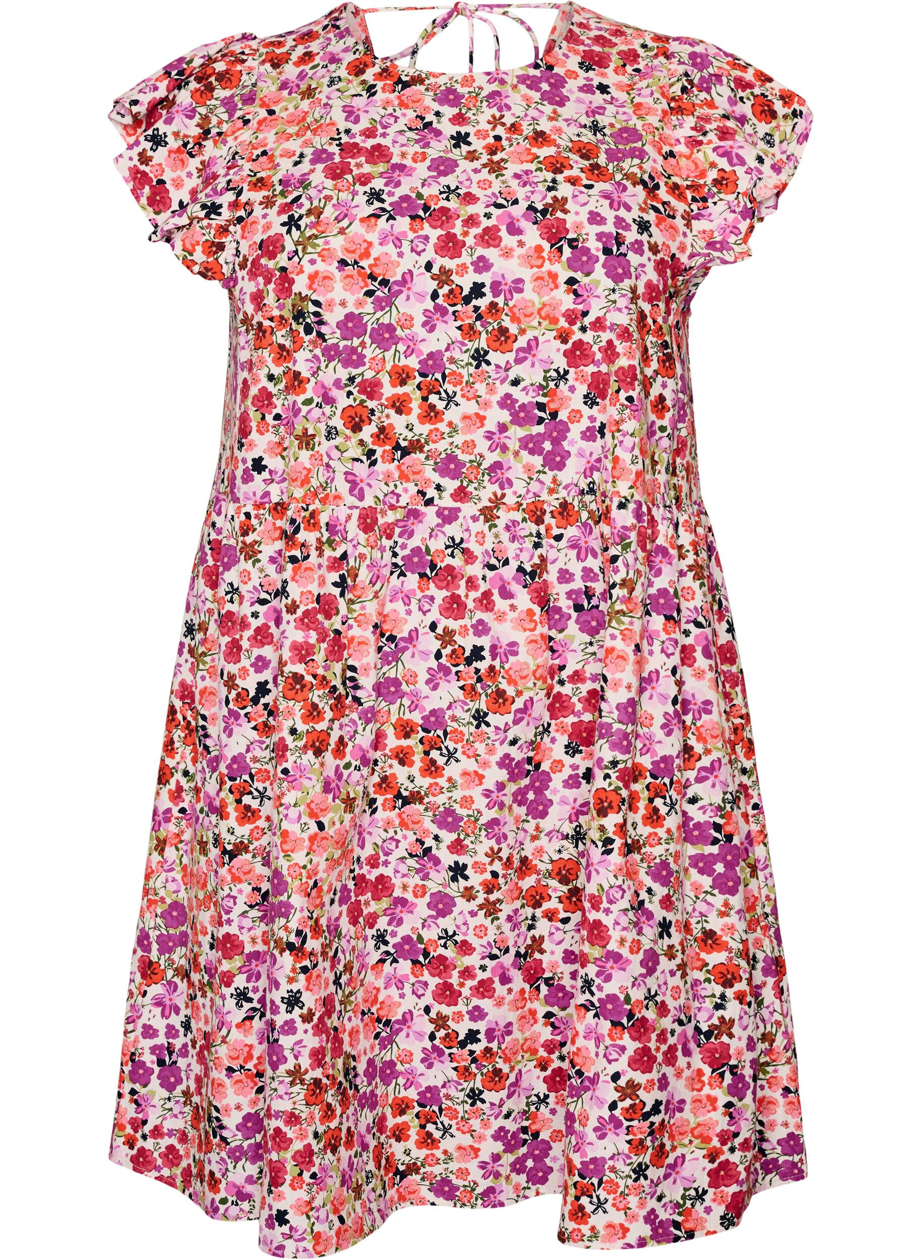 Floral cotton dress with ruffles and V-neck