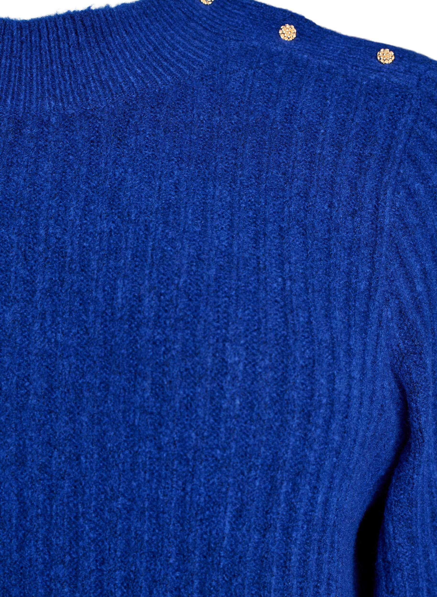 Zizzifashion Ribbed jumper with puff sleeves and buttons, Blue, Packshot image number 2