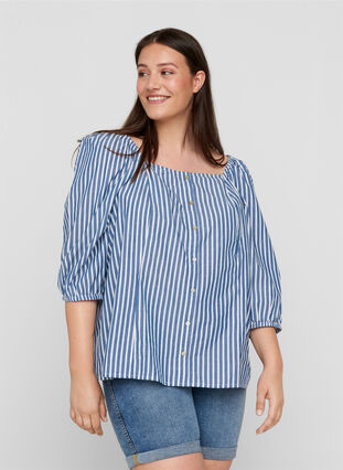 Striped cotton blouse with 3/4 sleeves, Bijou Blue Stripe, Model image number 0