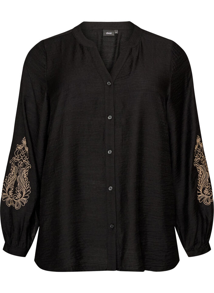 Viscose shirt with embroidered sleeves, Black, Packshot image number 0