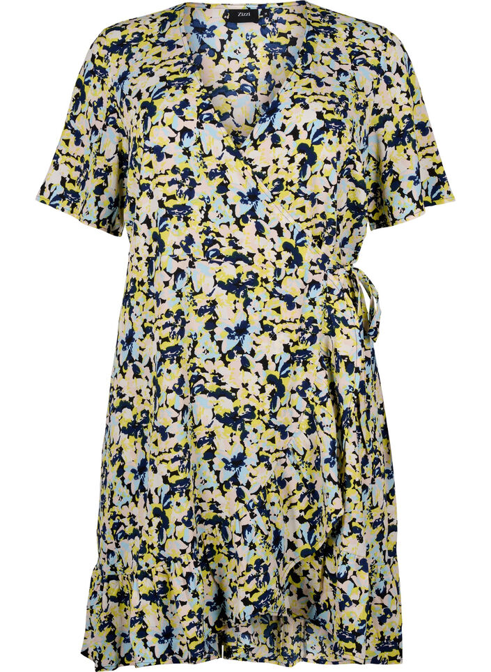 Printed wrap dress with short sleeves, Yellow, Packshot image number 0