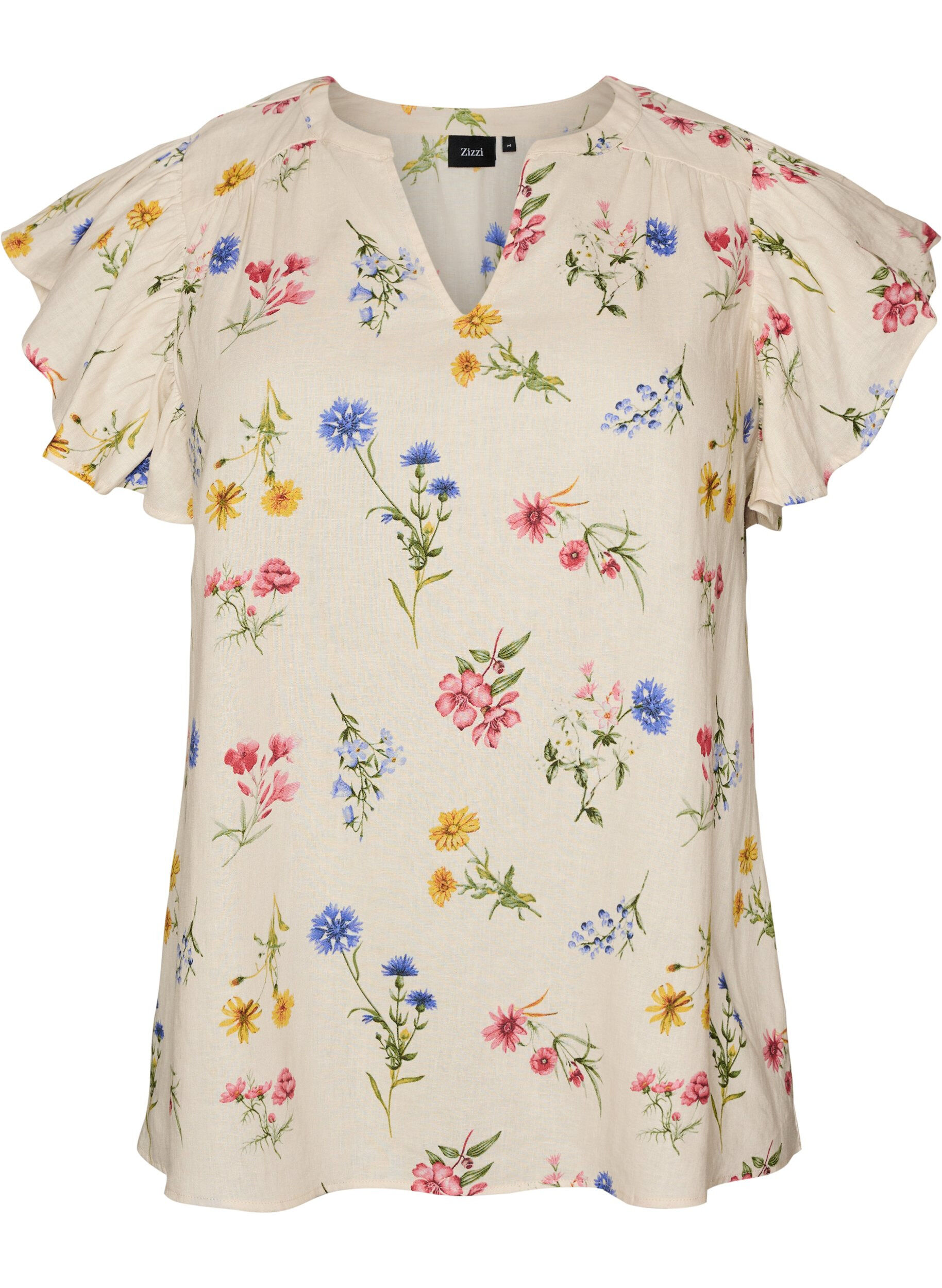 Zizzifashion Viscose and linen blouse with ruffle sleeves, Beige, Packshot image number 0