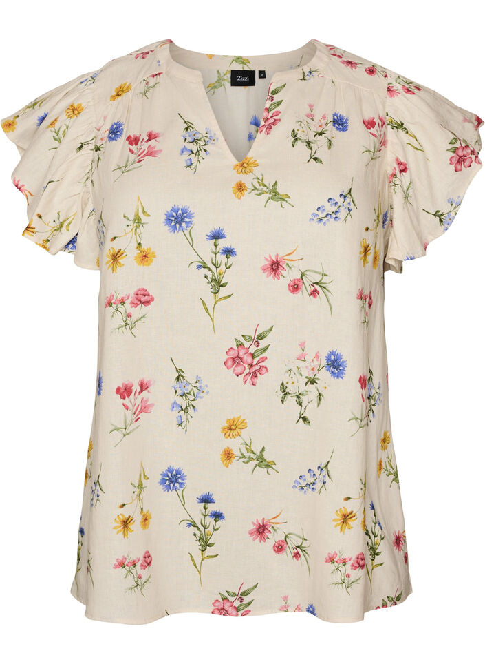Viscose and linen blouse with ruffle sleeves, Beige, Packshot image number 0