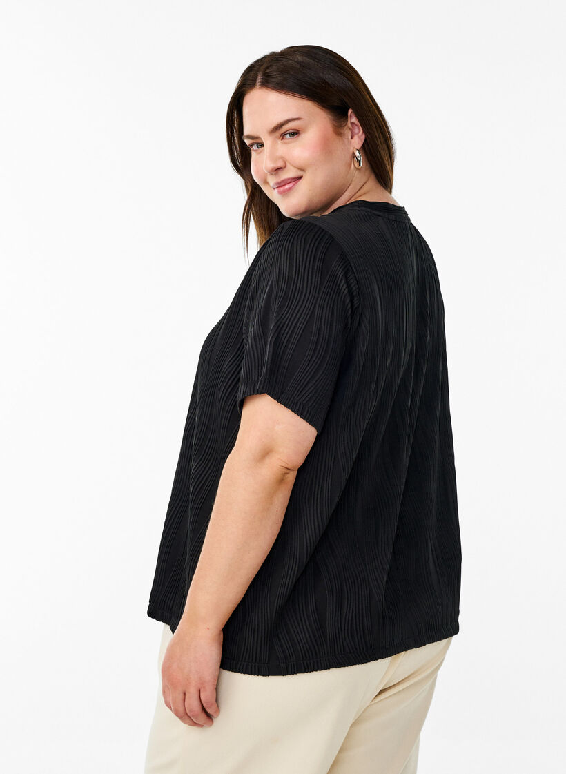 Blouse with short sleeves and a wavy texture, Black, Model image number 2