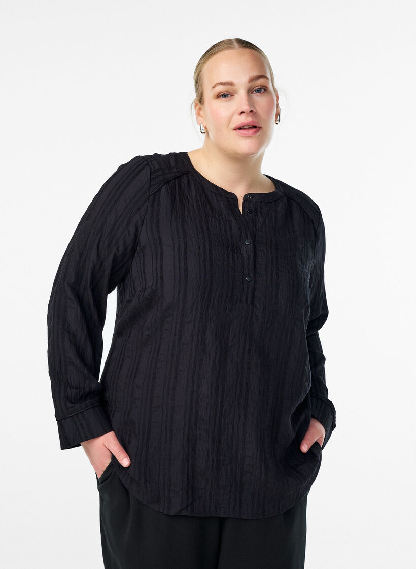 Blouse with tone-on-tone texture and buttons, Black, Model image number 0