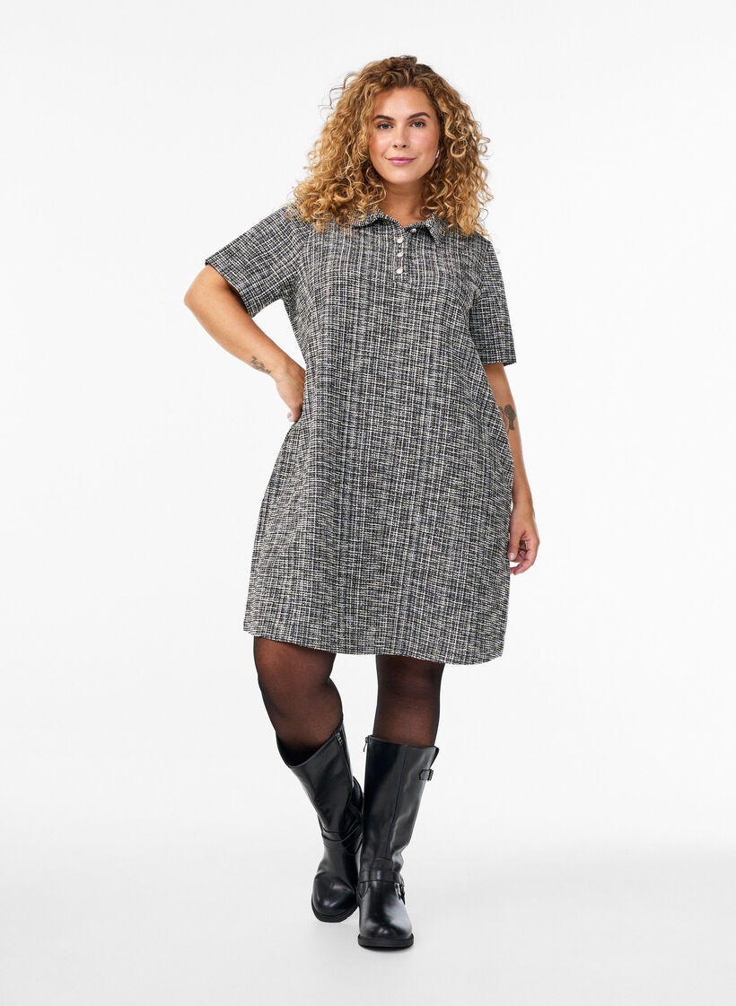 Short dress in textured jersey with a graphic check, Off White Check, Model image number 2