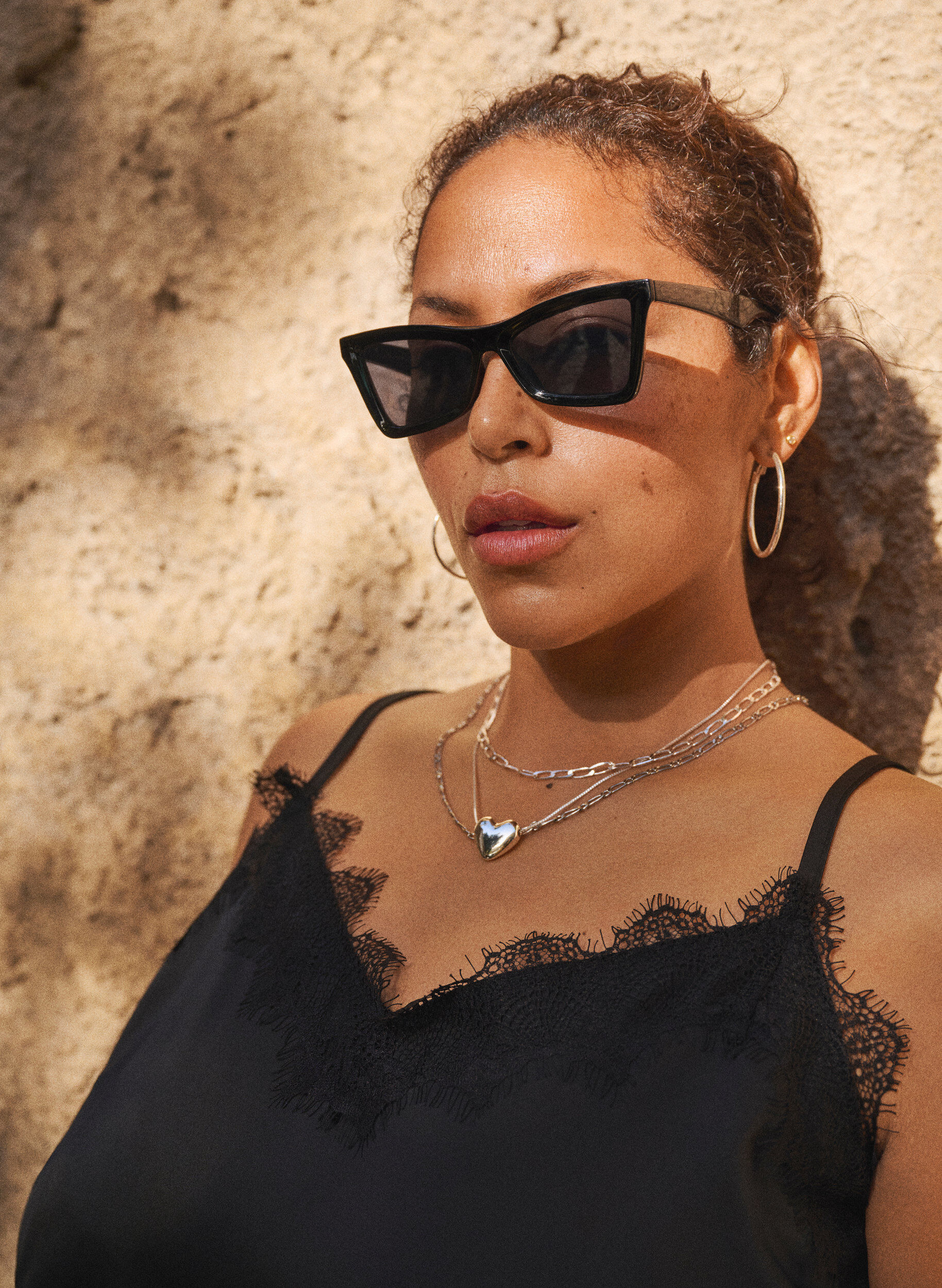 Zizzifashion Satin strap top with lace, Black, Image image number 0