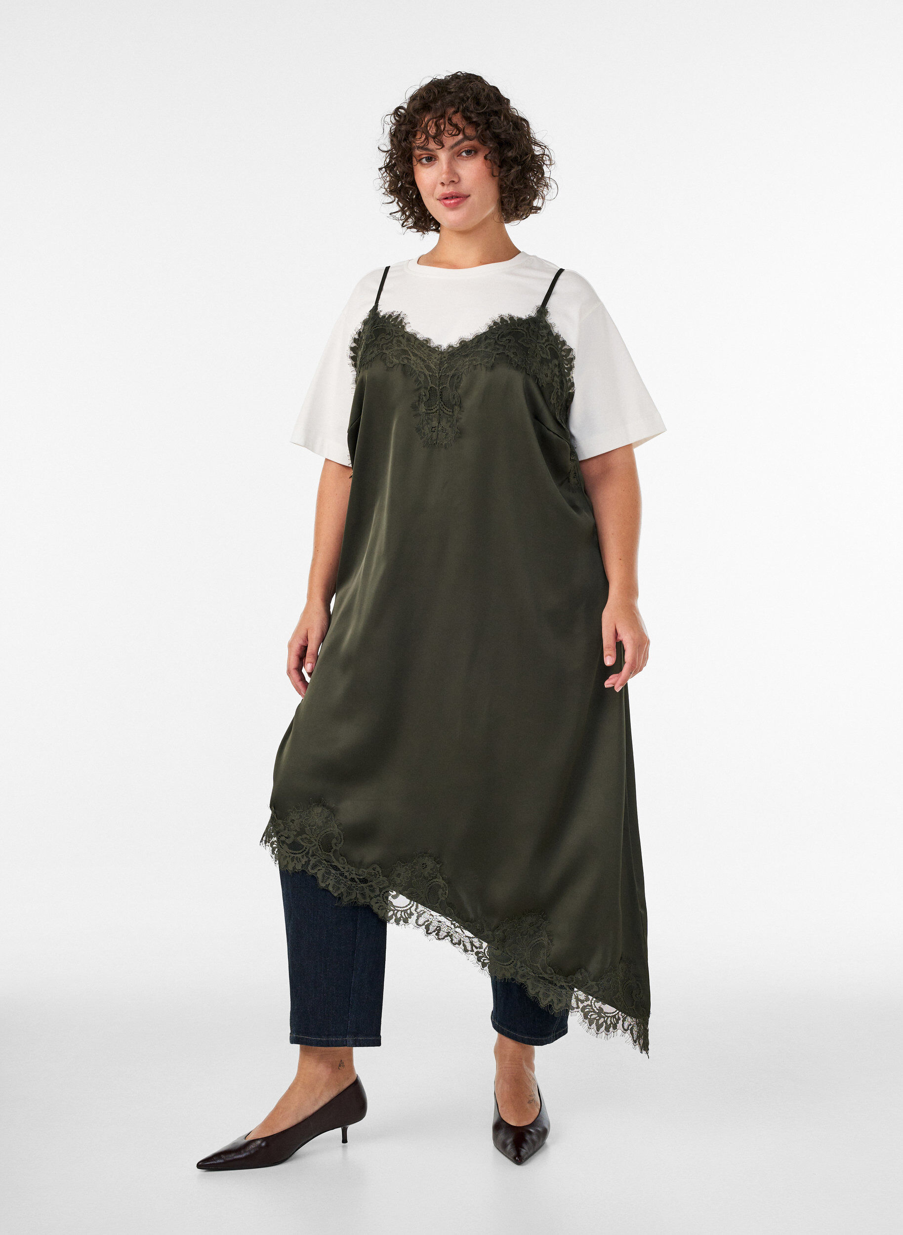 ZizzifashionSatin dress with lace and an asymmetrical hem, Green, Model image number 1
