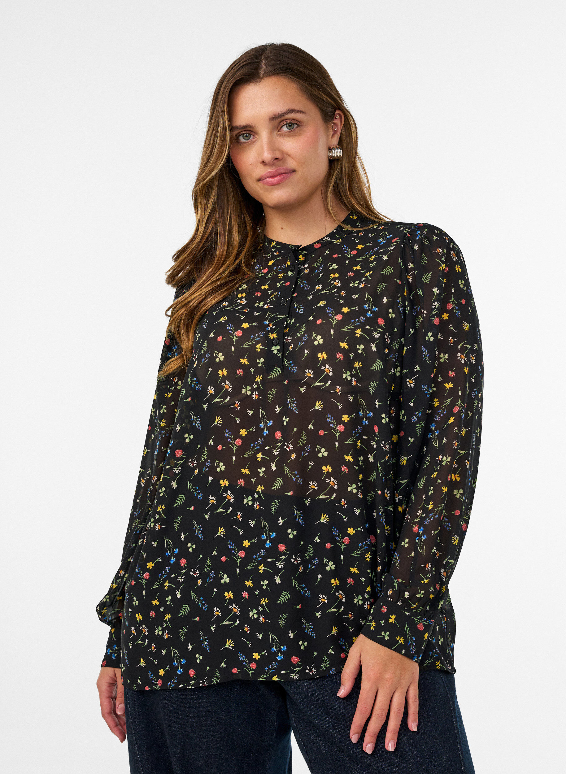 ZizzifashionBlouse with all-over print and short button placket, Black, Model image number 0