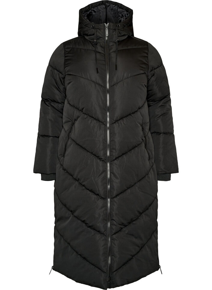 Long puffer coat with hood and pockets, Black, Packshot image number 0