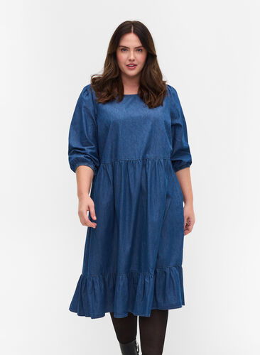 Denim dress made of cotton with 3/4 sleeves, Blue, Model image number 0