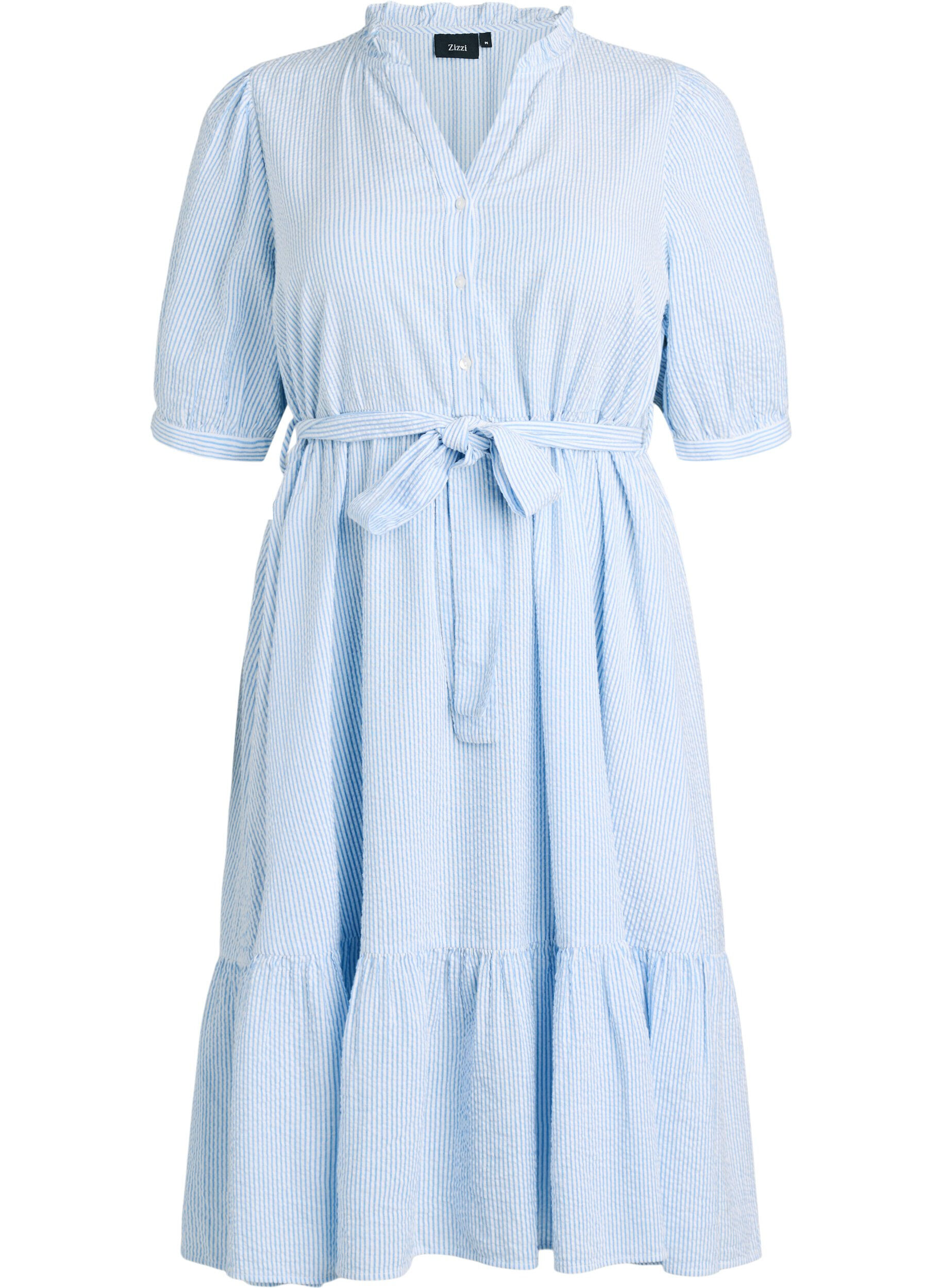 Striped midi dress in cotton with a tie-belt