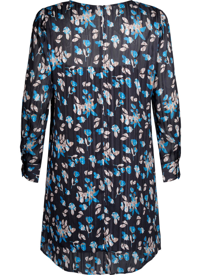 Short printed dress with a round neck, Black Blue Fl. AOP, Packshot image number 1