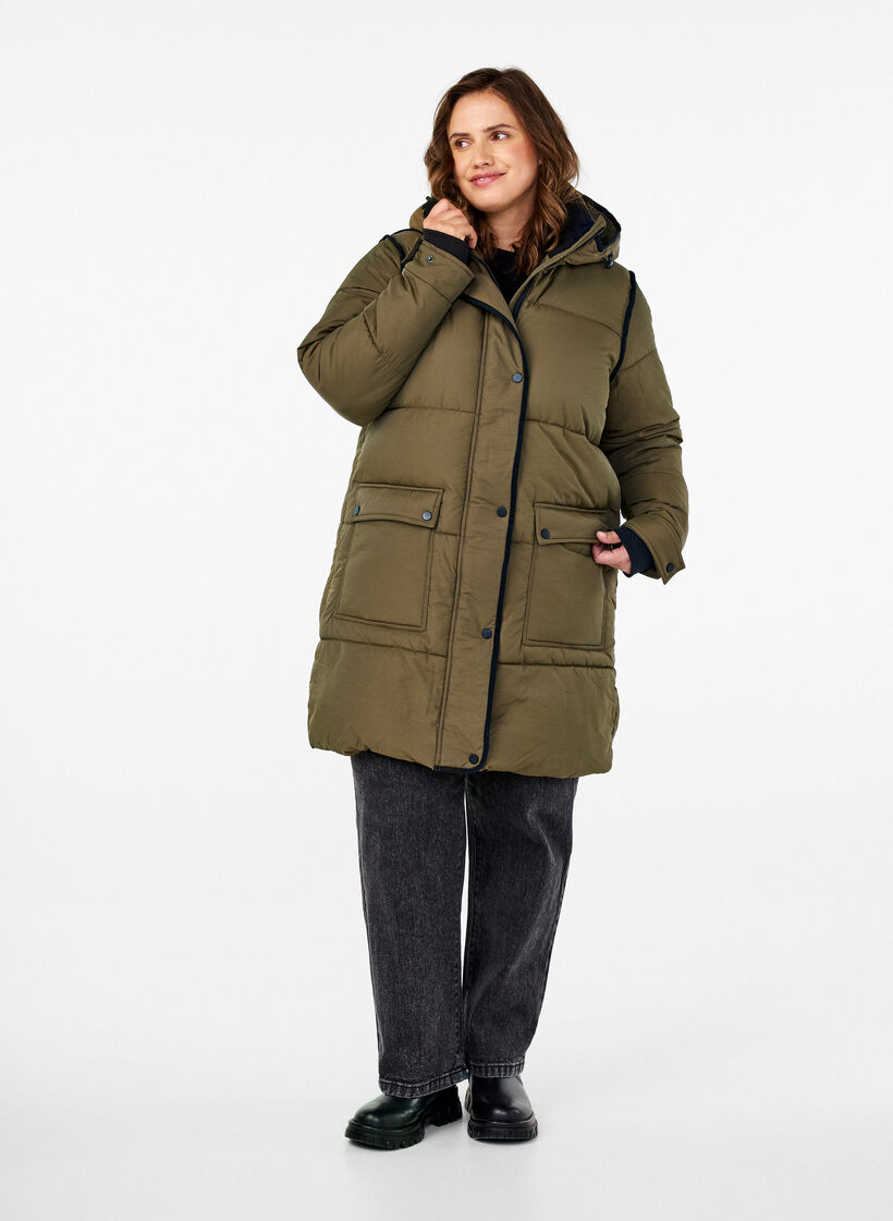 Puffer jacket with hood and contrast detailing, Green, Model image number 1