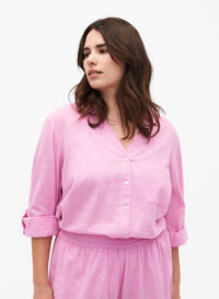 Shirt blouse with button closure in cotton-linen blend, Rosebloom, Model