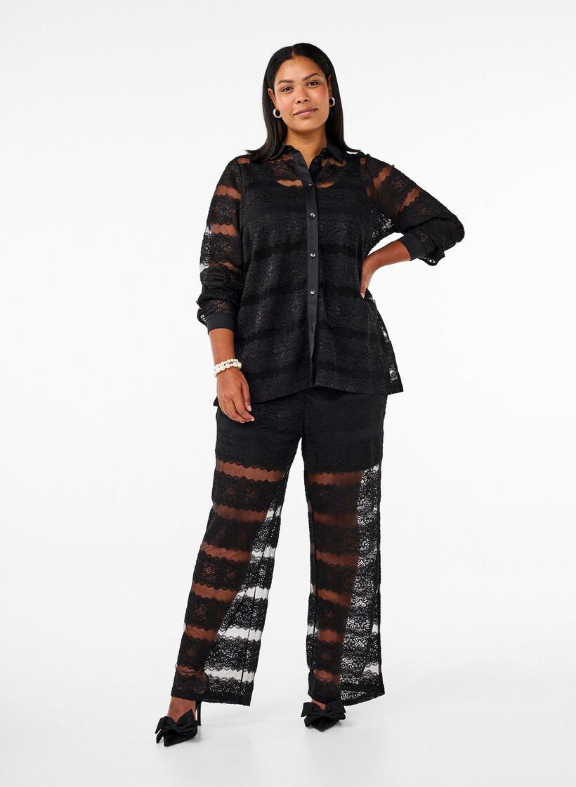 Loose shirt with lace and sheer mesh, Black, Model image number 2