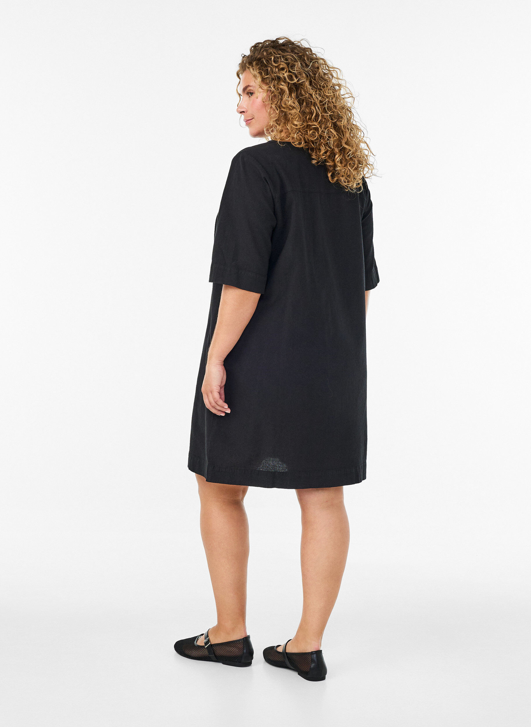 Zizzifashion Cotton dress with short sleeves and pockets, Black, Model image number 2