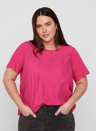 Short-sleeved t-shirt with broderie anglaise, Fuchsia Purple, Model image number 0