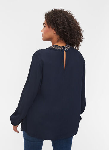 Long-sleeved, beaded viscose blouse, Night Sky, Model image number 1