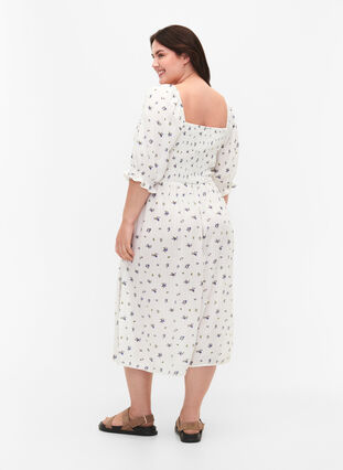 Floral viscose midi dress with smock, Bright White Flower, Model image number 1